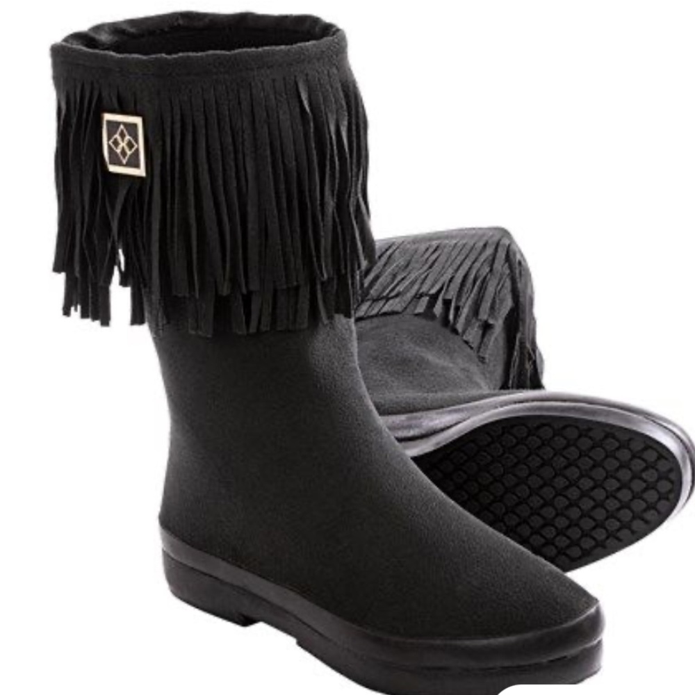 DAV Sydney Rubber Rain Black Waterproof Boots w Fringe Size 7